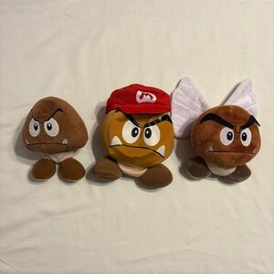 Nintendo Goomba trio, Goomba wearing Mario hat, Paragoomba, Regular Goomba